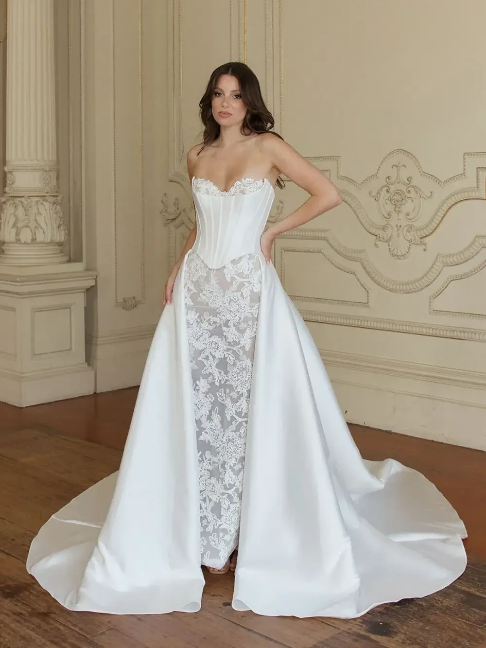Jeune Bridal Gown, Classic Lace Mermaid Wedding Dress with a Ivory Satin Corset and Overskirt