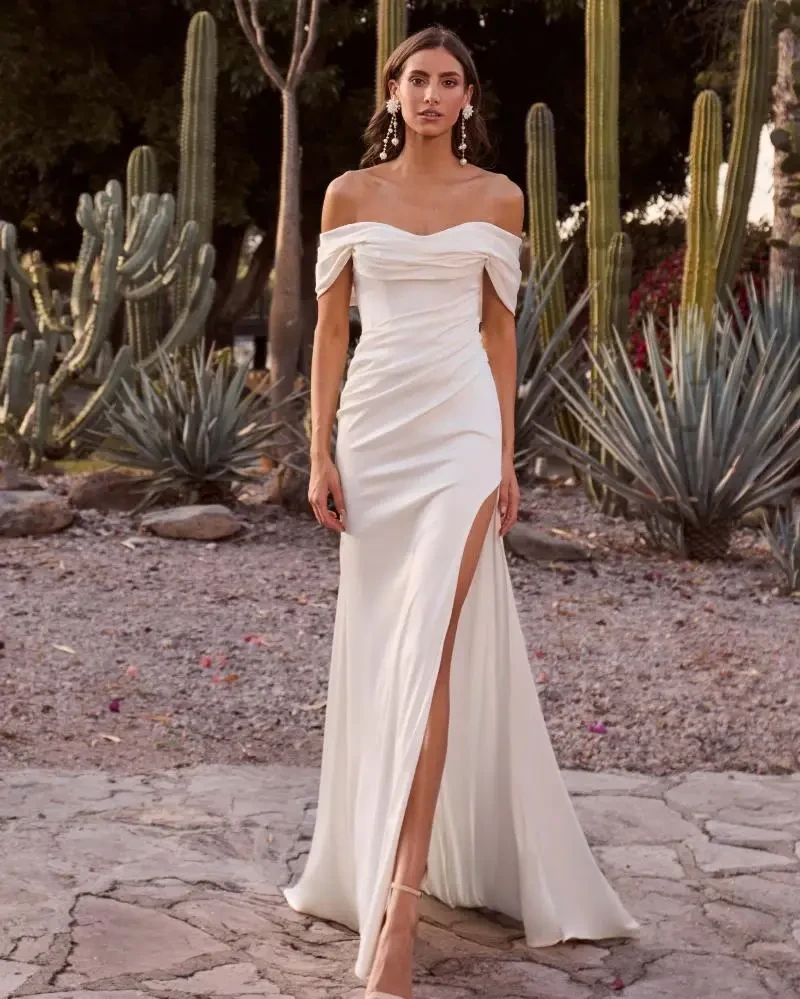Ivory Off the shoulder rouched classic wedding dress with a slit 