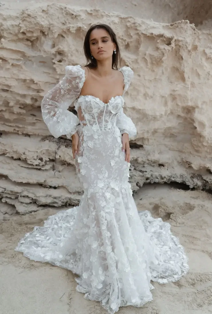 Lourdes Wedding Dress | Sculptural 3D Lace & Detachable Puff Sleeves Lourdes Wedding Dress | Sculptural 3D Lace & Detachable Puff Sleeves