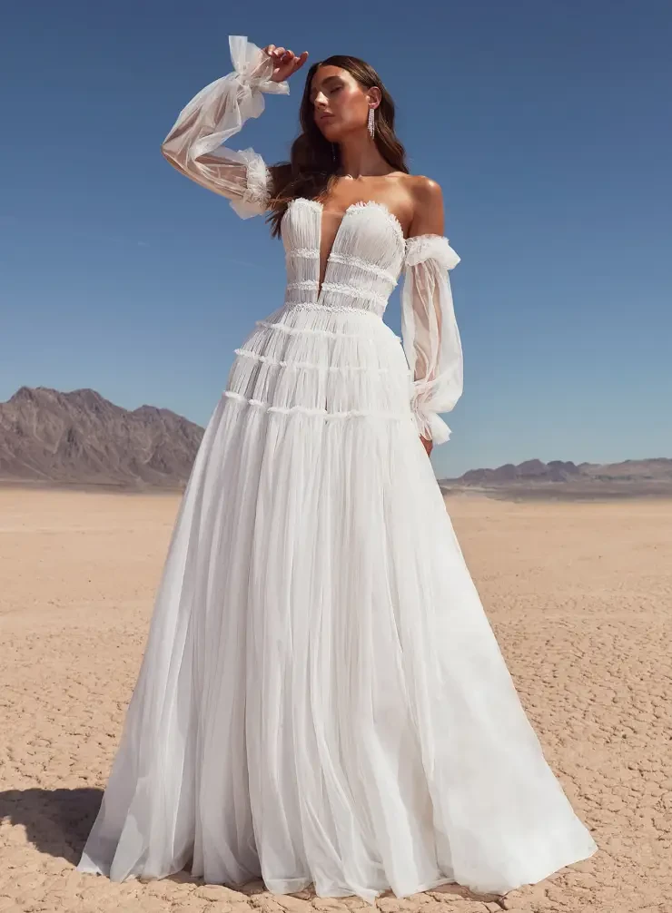 Flowy Simple Boho Wedding Ceremony Winter Bohemian Wedding Dress Boho  Modest Wedding Dress With Long Sleeves And Open Back