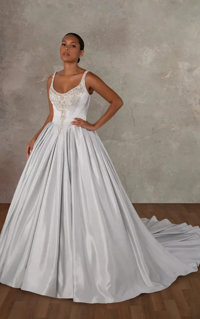 Silver Models Basque Satin Ballgown with Silver Embellished Bodice and Basque Waist